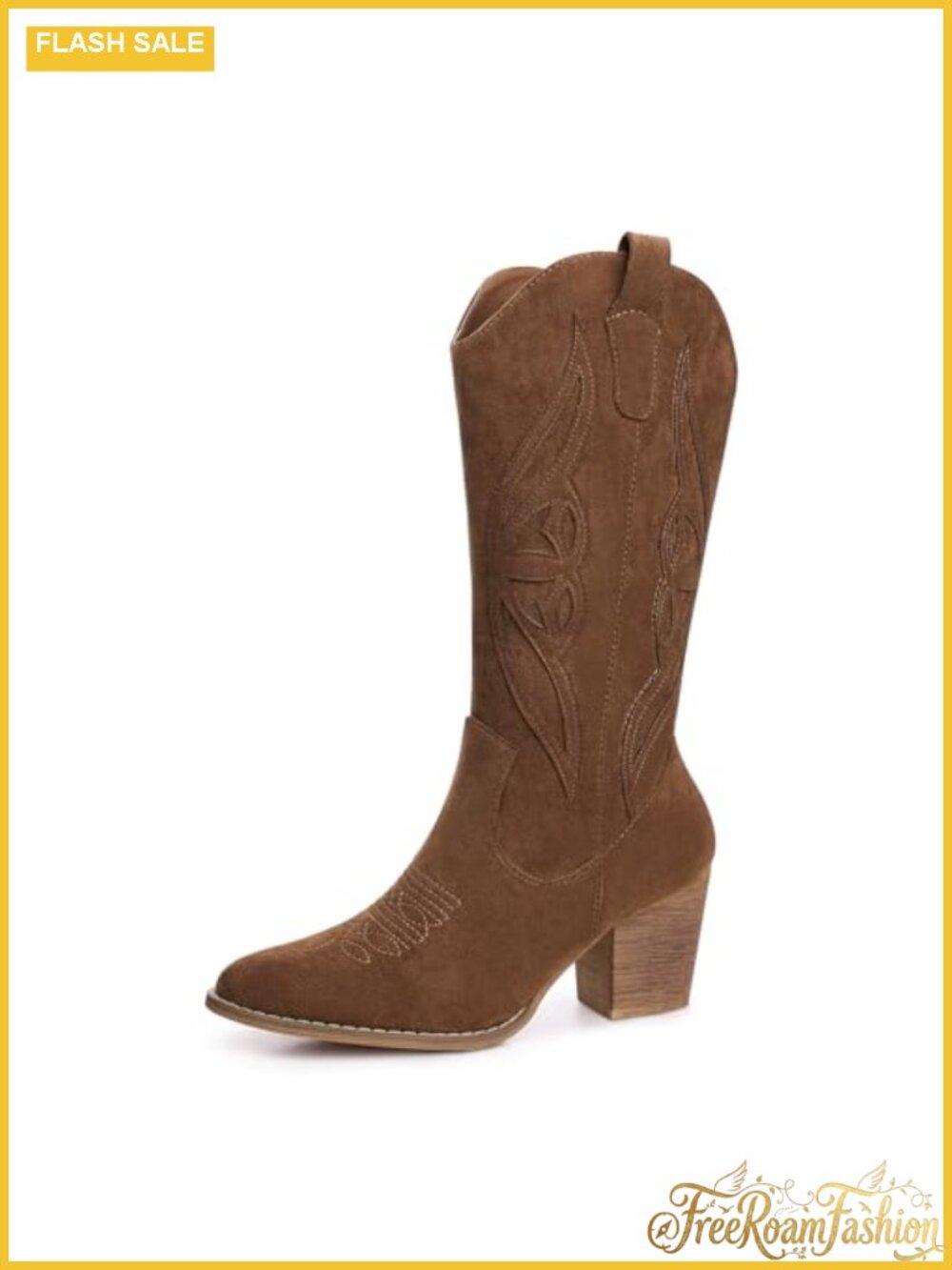 Suede Leather Mid Calf Cowboy Boots Pointed Toe Embroidered Western